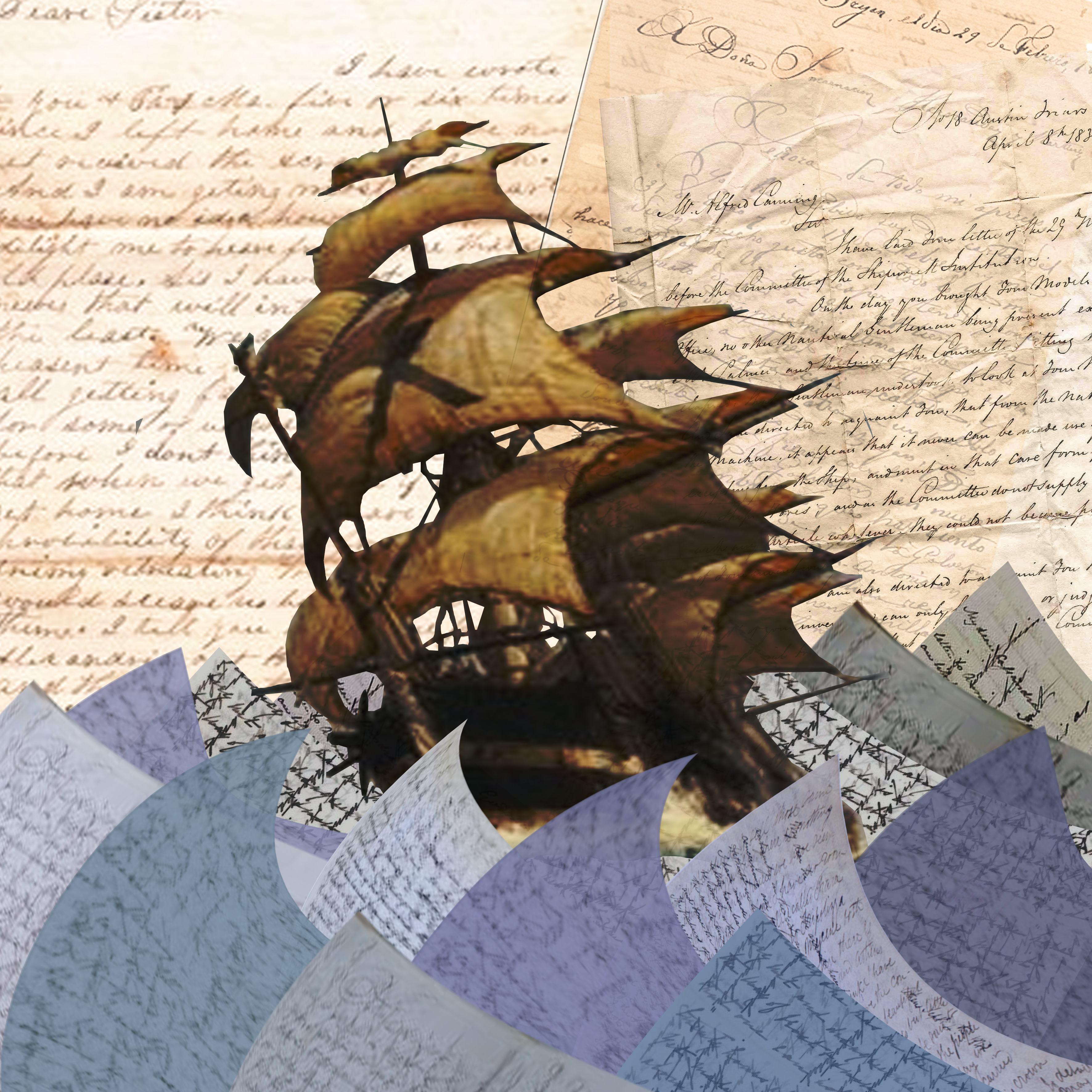 A painting of a large sailing ship in choppy seas made up of paper with text written all over it