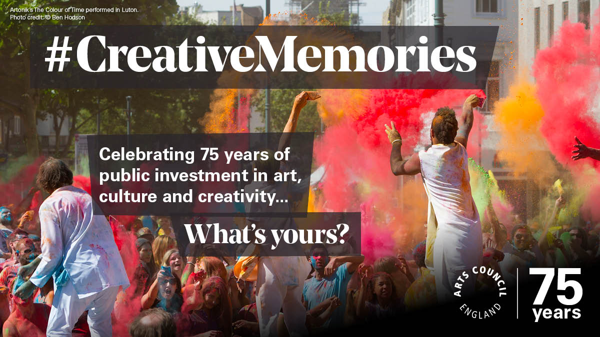 An image of a crowd of people at an outdoor arts event. 4 performers are throwing coloured powder paint over the crowd. the text reads: "Creative memories. Celebrating 75 years of public investment in art, culture and creativity..."