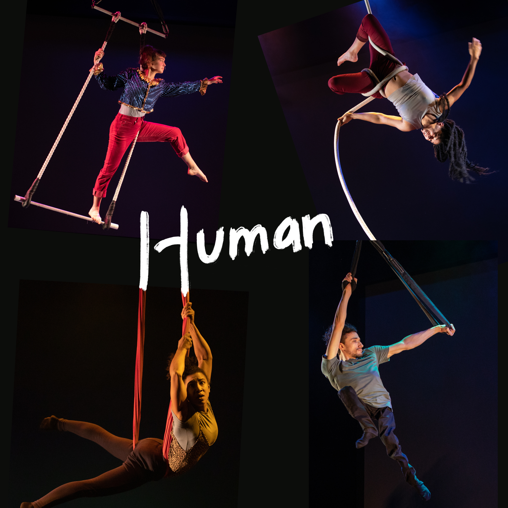 Black background. A photo of four performers swinging in the air, looking powerful and graceful. One word written in white, thick, brush-style letters in the centre of the photo reads: 'Human'.