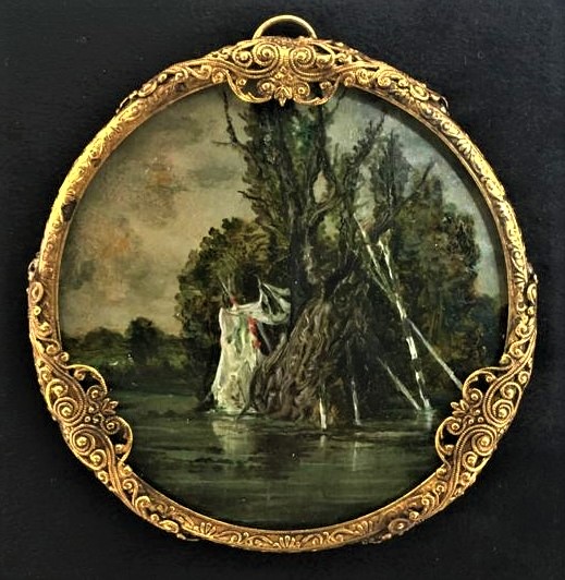 An oil painting of a tree in a gold circular frame