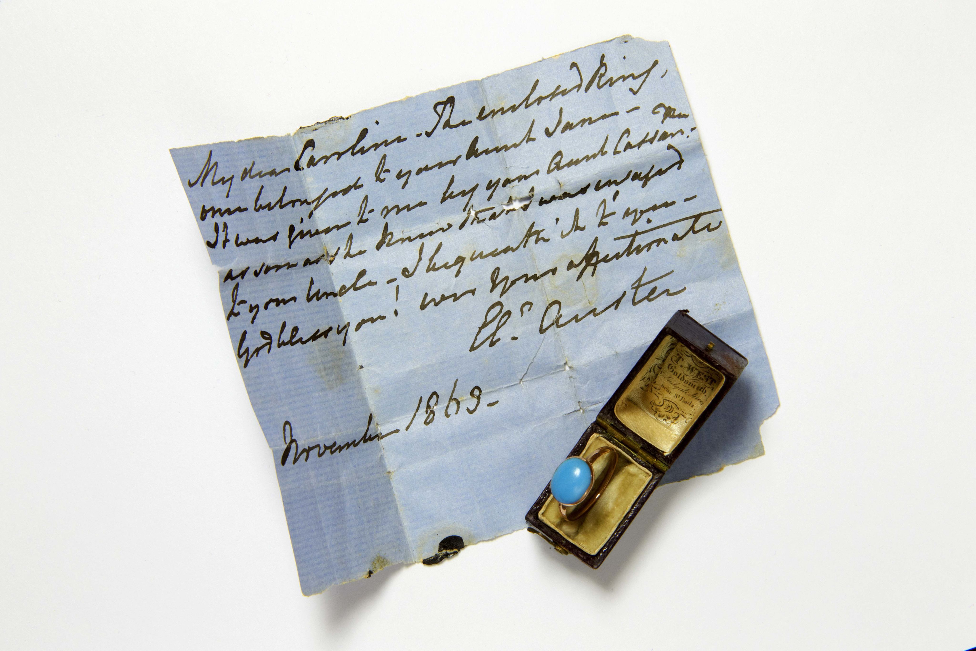 A turquoise ring inside a box on top of a letter.