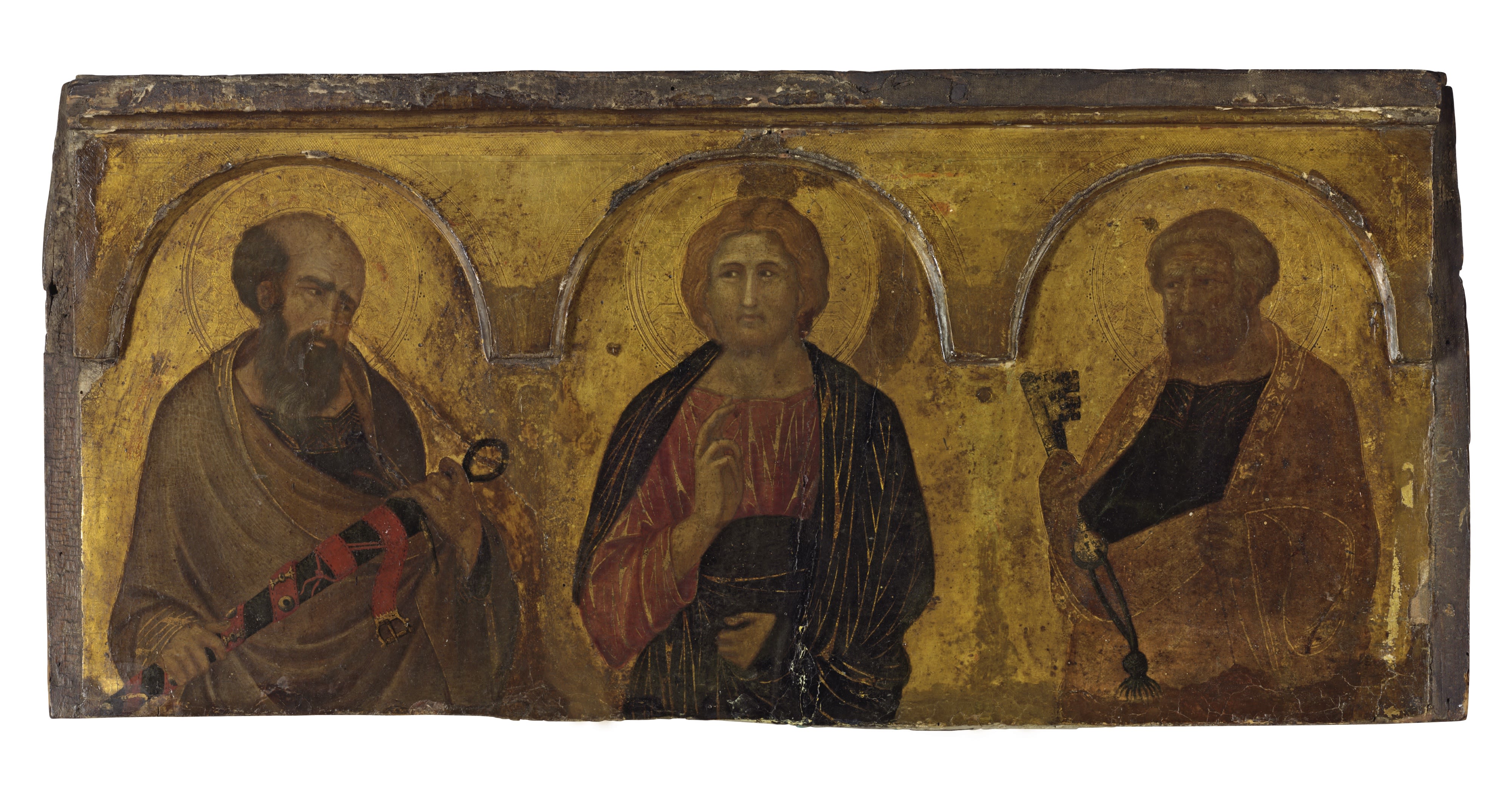 Artwork titled Christ between Saints Paul and Peter by Pietro Lorenzetti - the image has three figures with a gold background